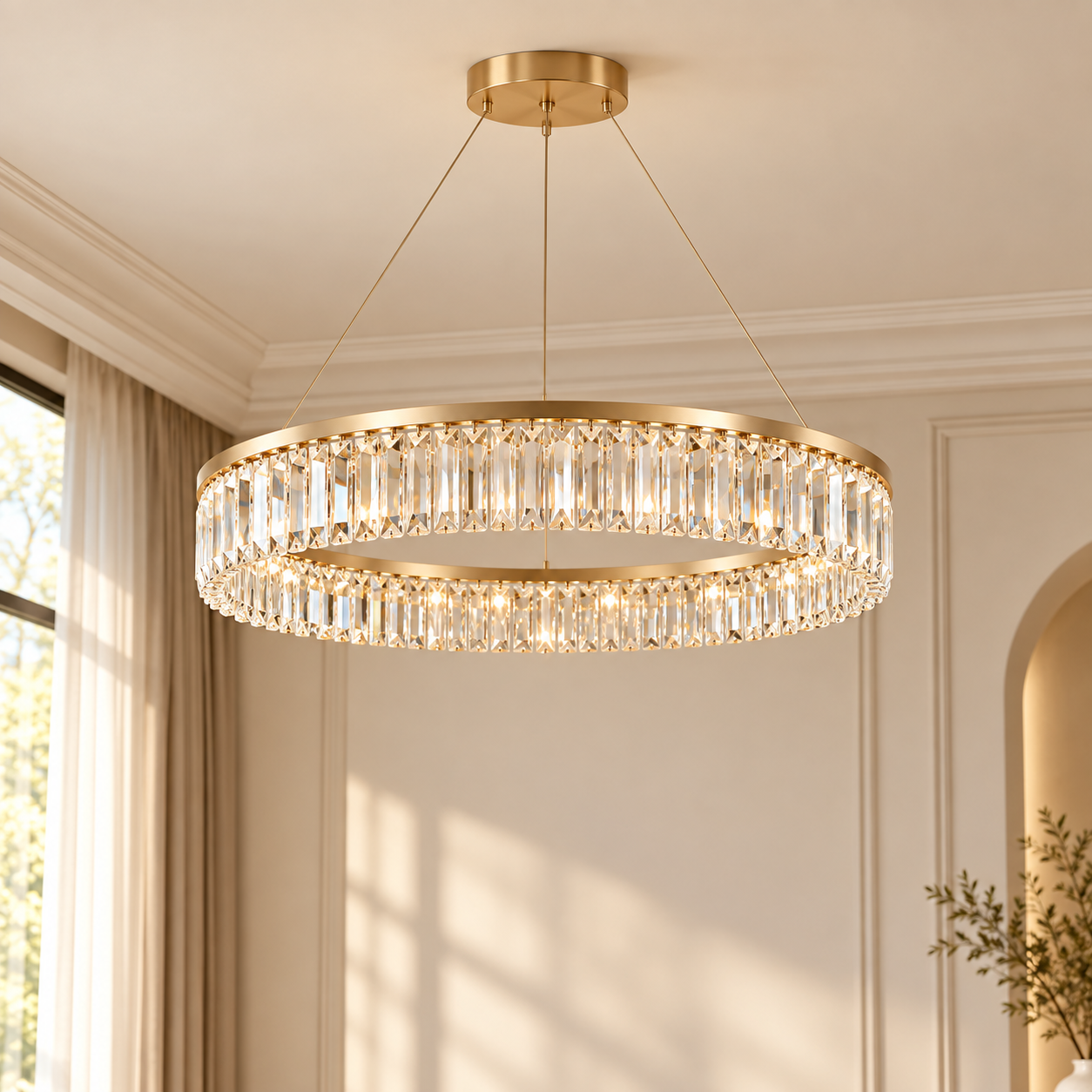 Modern champagne crystal chandelier in a warm ivory interior