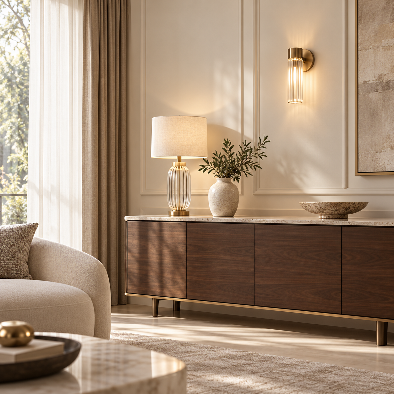 Glass table lamp and crystal wall light beside a walnut console