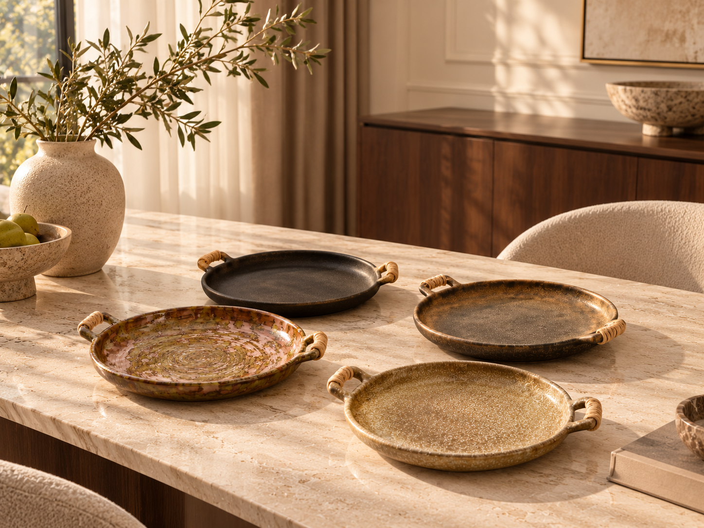 Rustic serving platters in a warm dining setting
