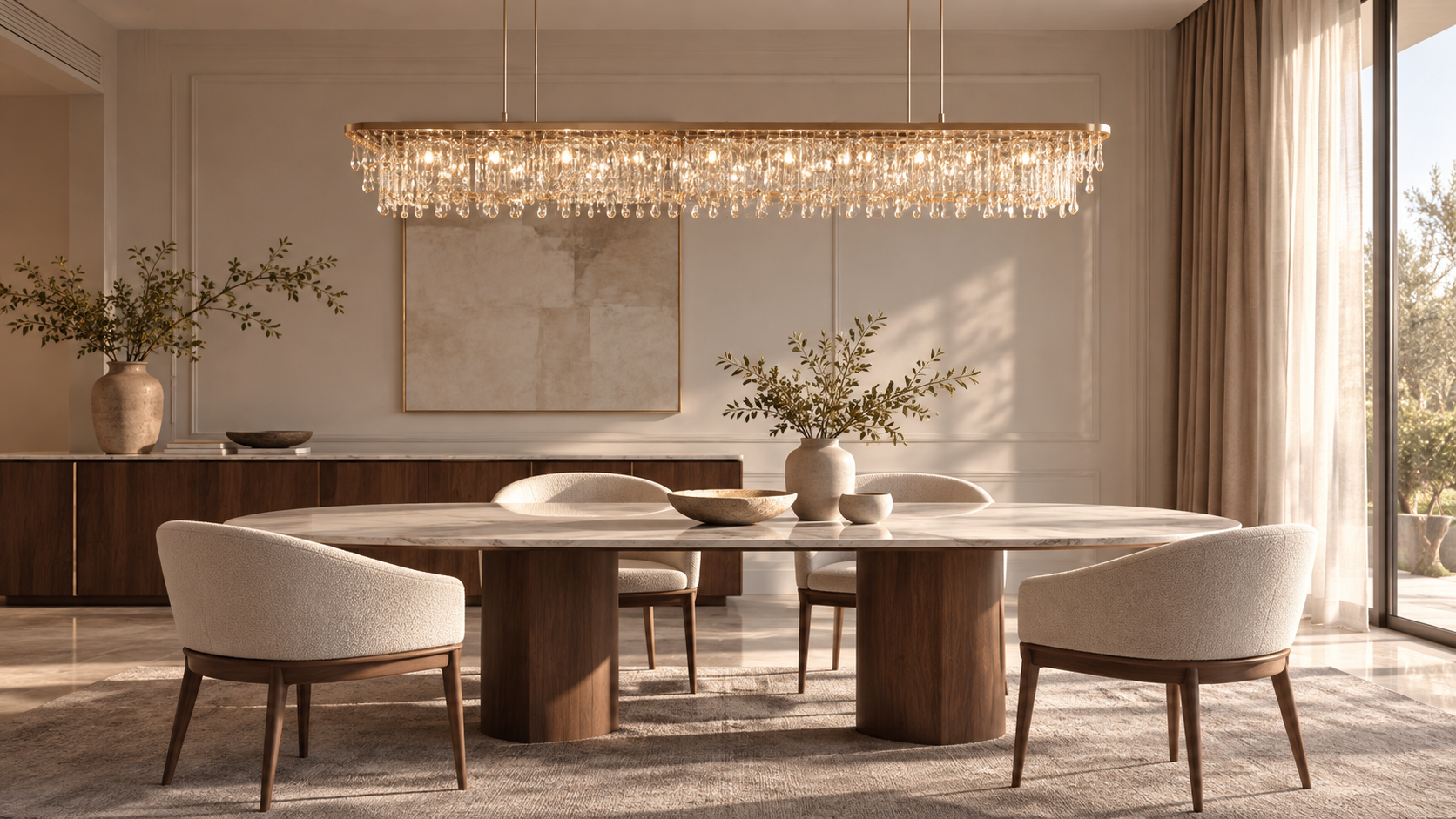 Linear crystal pendant above a stone dining table